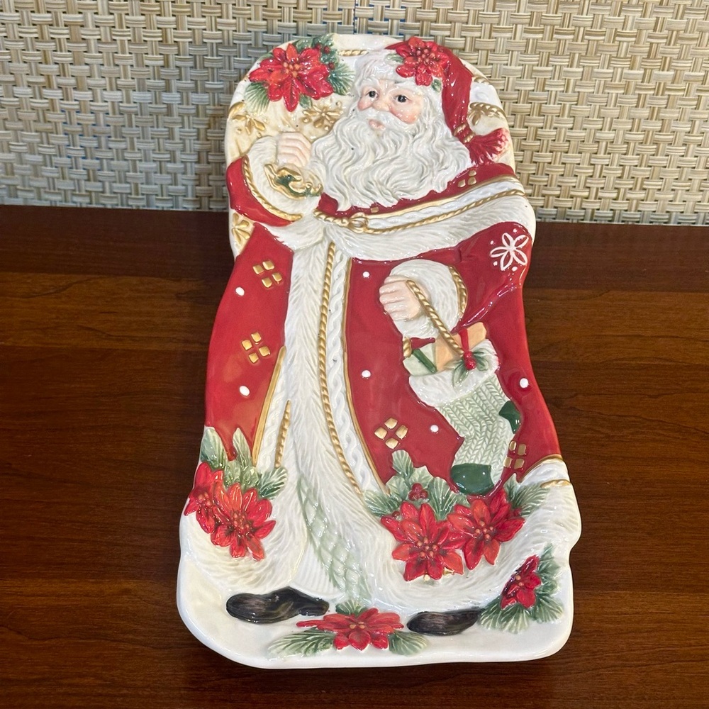 🎄🌟2xHO🌟2014 Fitz & Floyd Poinsettia Santa Elongated Ceramic Serving Tray